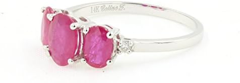 Three Stone Burmese Natural Oval Ruby Diamond Ring 14K White Gold