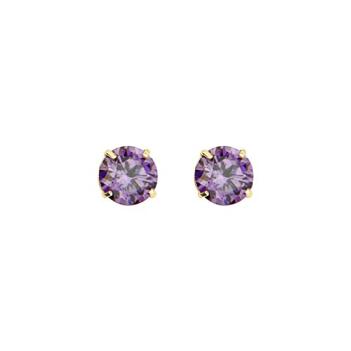 14K Yellow Gold 3mm February Birthstone Round CZ Solitaire Basket Stud Earrings for Baby and Children with Screw-back (Amethyst, Purple)