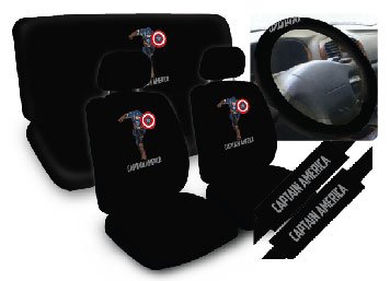  11pc Captain America Marvel Comics Superhero Low Back Seat Covers with Head Rest Covers, Bench Cover and Steering Wheel Cover with Shoulder Pads Licensed and Rare Product