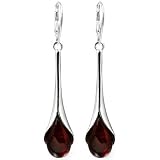 Black Cherry Amber Tear Drop Leverback Earrings Sterling Silver