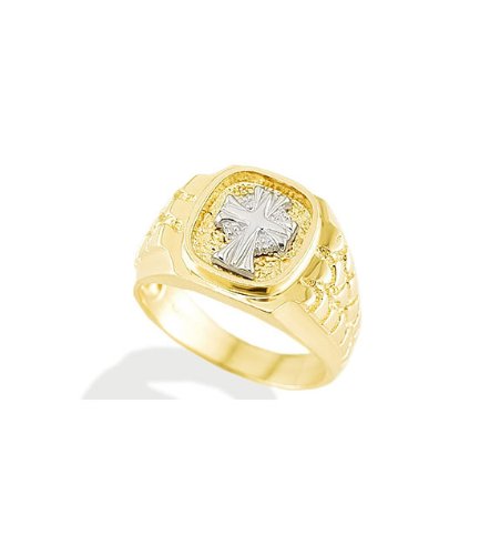 New Men's 14k Yellow White Gold Cross Nugget Band Ring