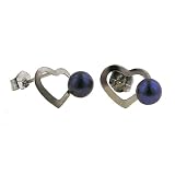 14K White Gold Heart Earrings with Black Akoya Pearls