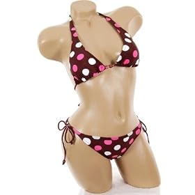 Sexy Brown White Pink Polka Dot Triangle Top Bikini Tie Side Brazilian Cut Bottoms 2 pc Swimsuit