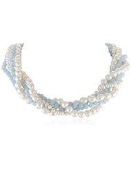 5-8mm White Freshwater Cultured Pearl and 6mm Aquamarine Accented with Sterling Silver Magnetic Clasp 5-Strand Necklace, 18"