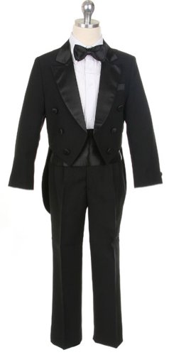 New 5 pc Tuxedo With Tails ~ Ring Bearer ~ Infant to Boys Sz 20 (Choice of Black, Ivory or White)