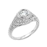 Sterling Silver Filigree Engagement Ring with Round Cubic Zirconia with four Prongs in a Gyspy Setting