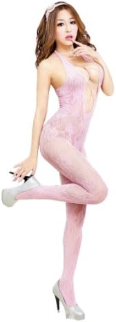 Open-mesh W32 Very Elastic Jacquard Open Crotch Halter Full Length Bodystocking (Pink)