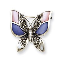 Hot Sale Sterling Silver Marcasite Mother of Pearl Butterfly Pin