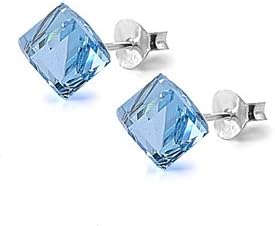 Silver Earrings With Aqua Color Cube Swarovski Crystal - 4 X 4mm EC410910-AQUA