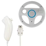 GTMax White Nunchuck Controller + White Mario Racing Steering Driving Wheel ....