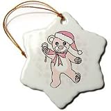 Christmas Cute Dancing Pink Teddy Bear with Santa hat - 3 Inch Snowflake Porcelain Ornament