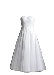 A-line Strapless Organza/Satin/Taffeta/Tulle Belted Lace Tea Length Wedding Dress 