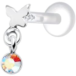 Silver 925 Butterfly Aurora Dangling CZ Tragus Earring