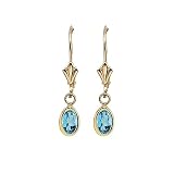 14K Yellow Gold 6 x 4 MM Oval Shaped Blue Topaz Drop Earrings