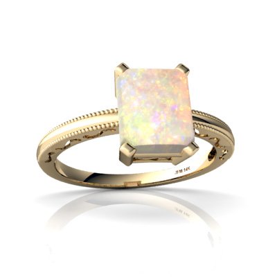 14K Yellow Gold Emerald-cut Genuine Opal Milgrain Ring Size 5