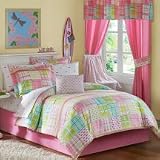Pink Green White Blue Patchwork Whale Girls Kids 7 Piece Twin Bed Bag Set Plus Throw