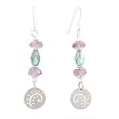 Round Cut Out Fern Leaf Dangle Earrings in Sterling Silver with Amethyst Gemstone and Green Swarovski Austrian Crystal Beads, #8092