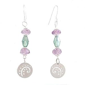Round Cut Out Fern Leaf Dangle Earrings in Sterling Silver with Amethyst Gemstone and Green Swarovski Austrian Crystal Beads, #8092