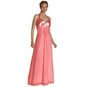 #2097 - BEST SELLER - Formal Evening Gown. Halter dress with empire waist front pleats, and rhinestone brooch