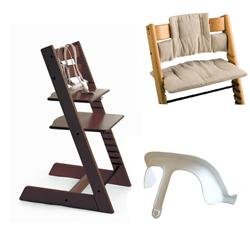 Baby: Stokke Tripp Trapp High Chair, Cushion, and Baby Rail   Walnut with Tan and White Cushion