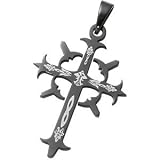 Mens Stainless Steel Black and White IP Gothic Warrior Cross Pendant