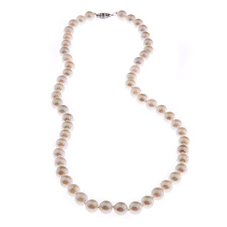 14K 7mm - 7.5mm White Akoya Pearl Necklace, Yellow Gold