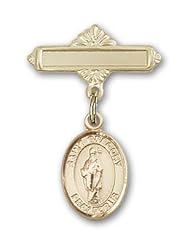 Gold Filled Baby Badge with St. Gregory the Great Charm and Polished Badge Pin
