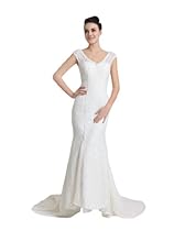 Hot Sale Artwedding Sequined V Neck Allover Lace Mermaid Wedding Dress with Lace Up Back,White,8