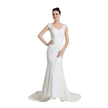 Artwedding Sequined V Neck Allover Lace Mermaid Wedding Dress with Lace Up Back,Ivory,8