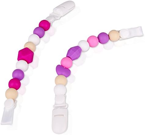 Girls Baby Pacifier Clip Teethers - 2 Silicone Pacifier Holders For Girls - Fun, Colorful and BPA-Free Pacifier Clips - Pacifier Holder for Girls
