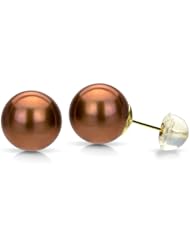 14k Yellow Gold 11-12mm Chocolate Perfect Round Cultured Freshwater Pearl High Luster Stud Earring with Silicone Over Gold-back Finding for More Secured. Include Small Brown Jewelry Gift Box with Bow.