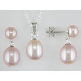 Sterling Silver Pink Pearl Earring and Necklace Set