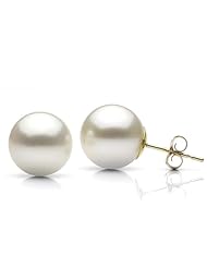 14k Yellow Gold 9-10mm Perfect Round White South Sea Pearl High Luster Stud Earring AAA Quality.