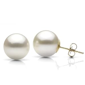 14k Yellow Gold 9-10mm Perfect Round White Cultured Freshwater Pearl High Luster Stud Earring AAA Quality.