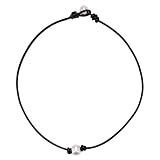 Single White Pearl Choker Necklace On Black Leather Cord for Women Handmade, 14