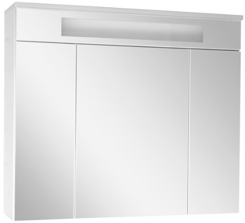 Fackelmann 80944 Spiegelschrank Kara Bianco, 3 Türen, 6 Glaseinlegeböden, 1 Leuchtstoffröhre 13 W, Schalter/Steckdose, BxHxT: 80 x 70 x 22.5 cm