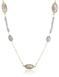 Grey Baroque Freshwater Cultured Pearl, Faceted Flat Labradorite Oval and Bezel Bead with Gold over Silver Chain and Clasp Necklace, 36"