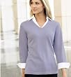 Ladies' Fine Gauge V-Neck Sweater with Woven Collar and Cuffs