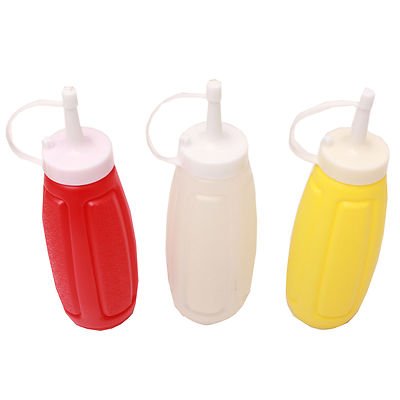 3 x Plastische Tisch Soßen Flaschen für Ketchup Senf Mint Chilli Brown