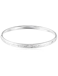 Sterling Silver Polished Guard and Hinge Bangle Bracelet with Heart and Leaf Pattern