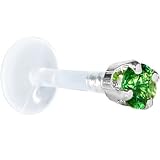 16 Gauge 1/4 Inches Solid 14KT White Gold 3mm Green Cubic Zirconia Bioplast Cartilage Earring Stud