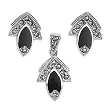 Sterling Silver Marcasite Pendant and Earrings Set - Teardrop Dangling with Black Onyx