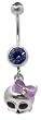 Stainless Steel Belly Ring with Blue Crystals - Dangling Baby Skull with Pink Ribbon