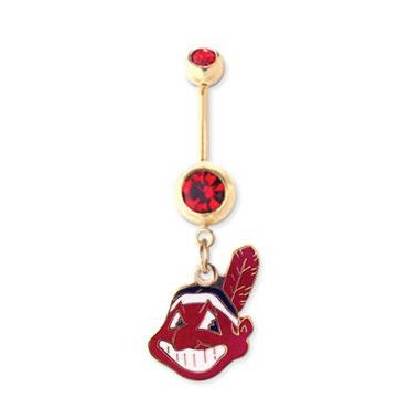 Cleveland Indians 316L Stainless Steel Belly Ring - Gold Plated with Red Cubic Zirconia - 14G - 5/8 Inch Bar Length - Sold Individually