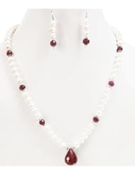 Single Strand Elegant Natural Fresh Water Pearl & Ruby Drop Beaded Necklace with Free Earrings