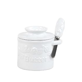Butter Bell Classic White Raised Floral Crock and Spreader by Butter Bell