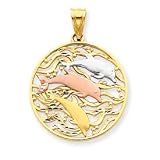 14k Gold Two-Tone and Rhodium Circle Dolphin Pendant
