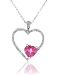 10k White Gold Checkerboard Heart Created Pink Sapphire and Round Diamond Pendant Necklace, 18"