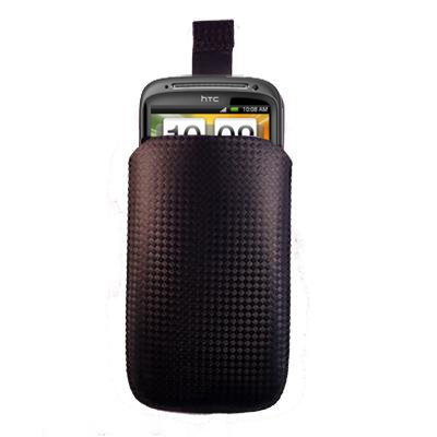 Thetechtree - Black Pu Leather Carbon Slip In Pull Up Tab Pocket Pouch Case Cover For Htc Sensation