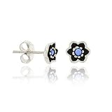 Sterling Silver .925 6mm Rhinestone Dark Blue Mini Kid Floral Flower Stud Earrings